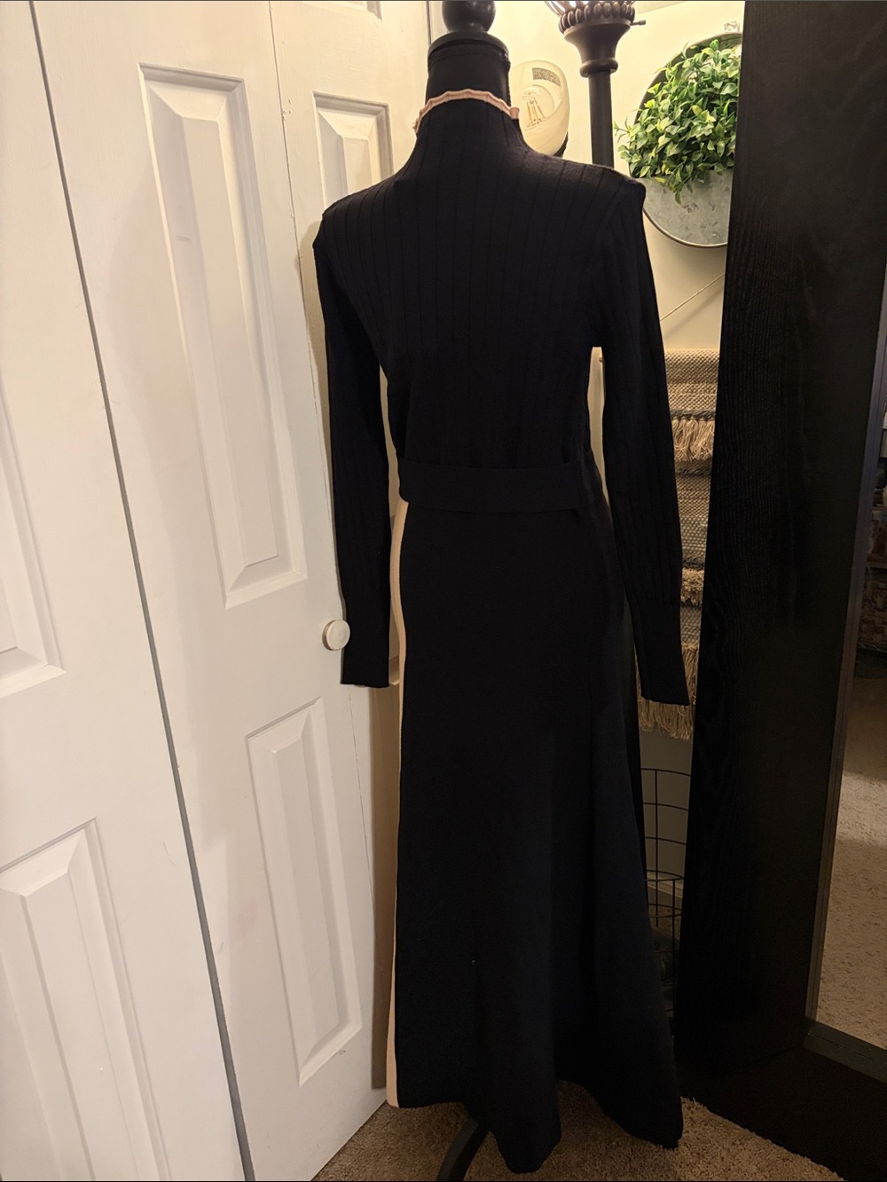 Black Long Sleeve Ribbed Knit Dress with Beige Pleated Side Panel - Picture 2 of 8